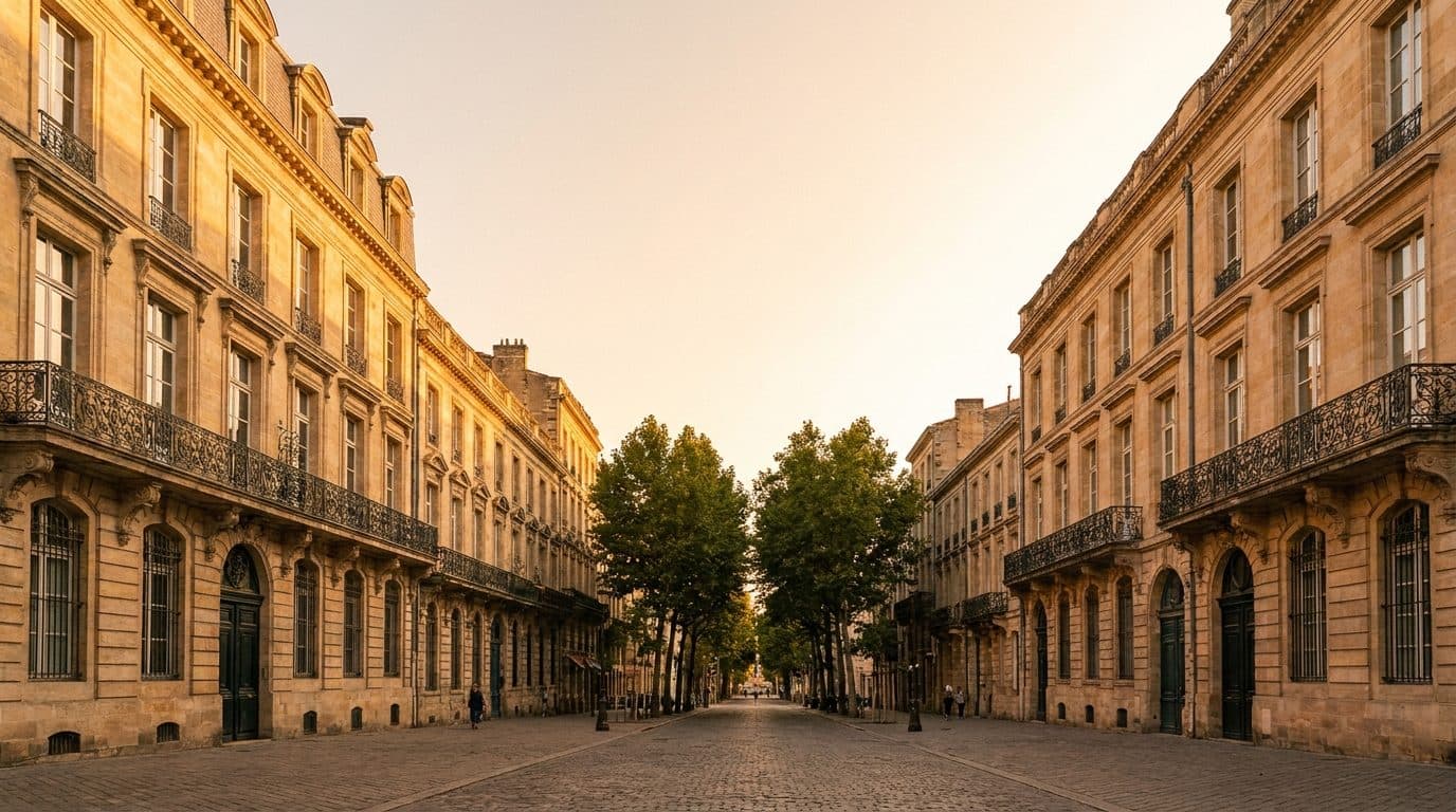Façades en pierre blonde de Bordeaux à l'heure dorée